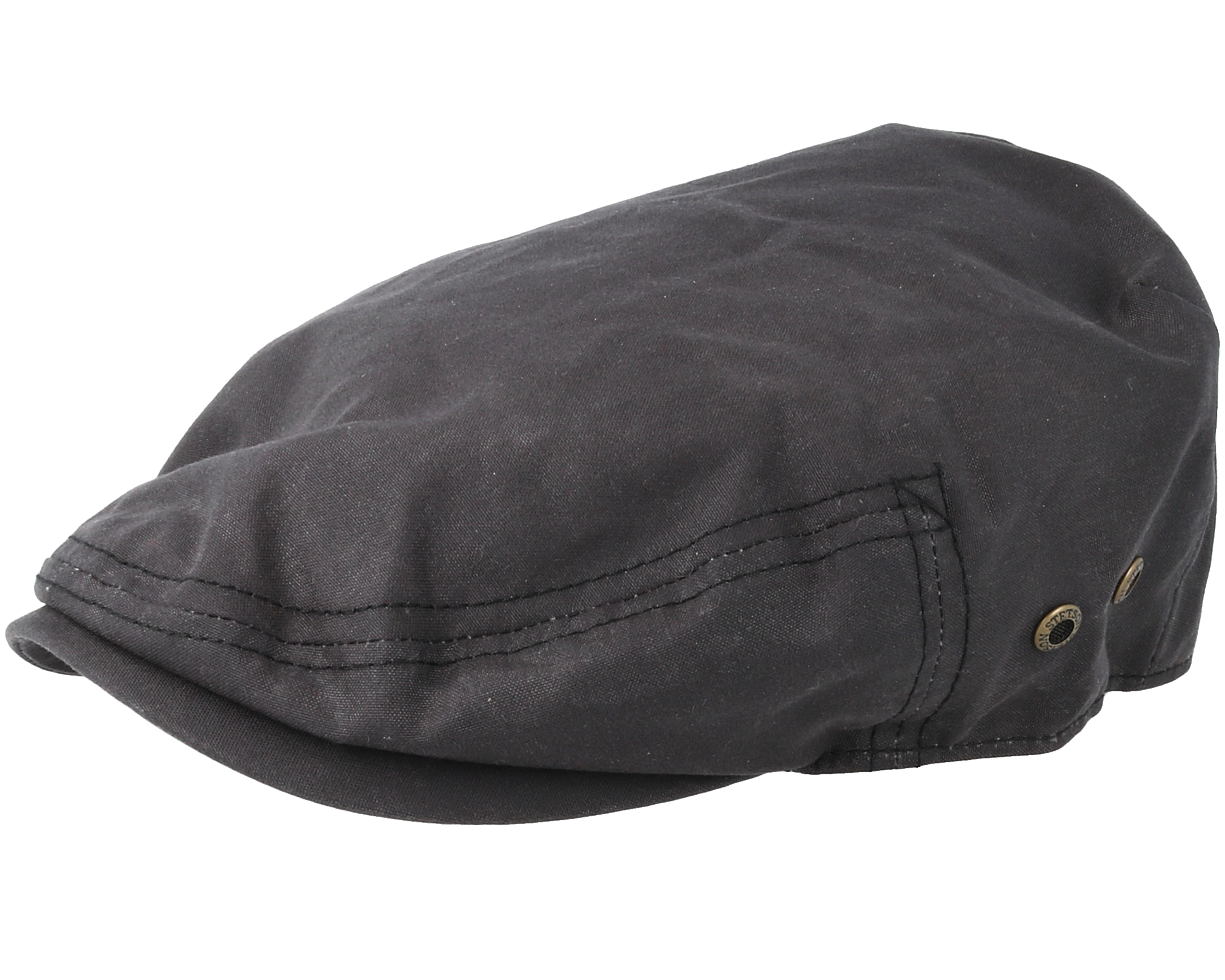 Driver Cap Waxed Cotton Black Flat Cap Stetson caps Hatstore.co.uk