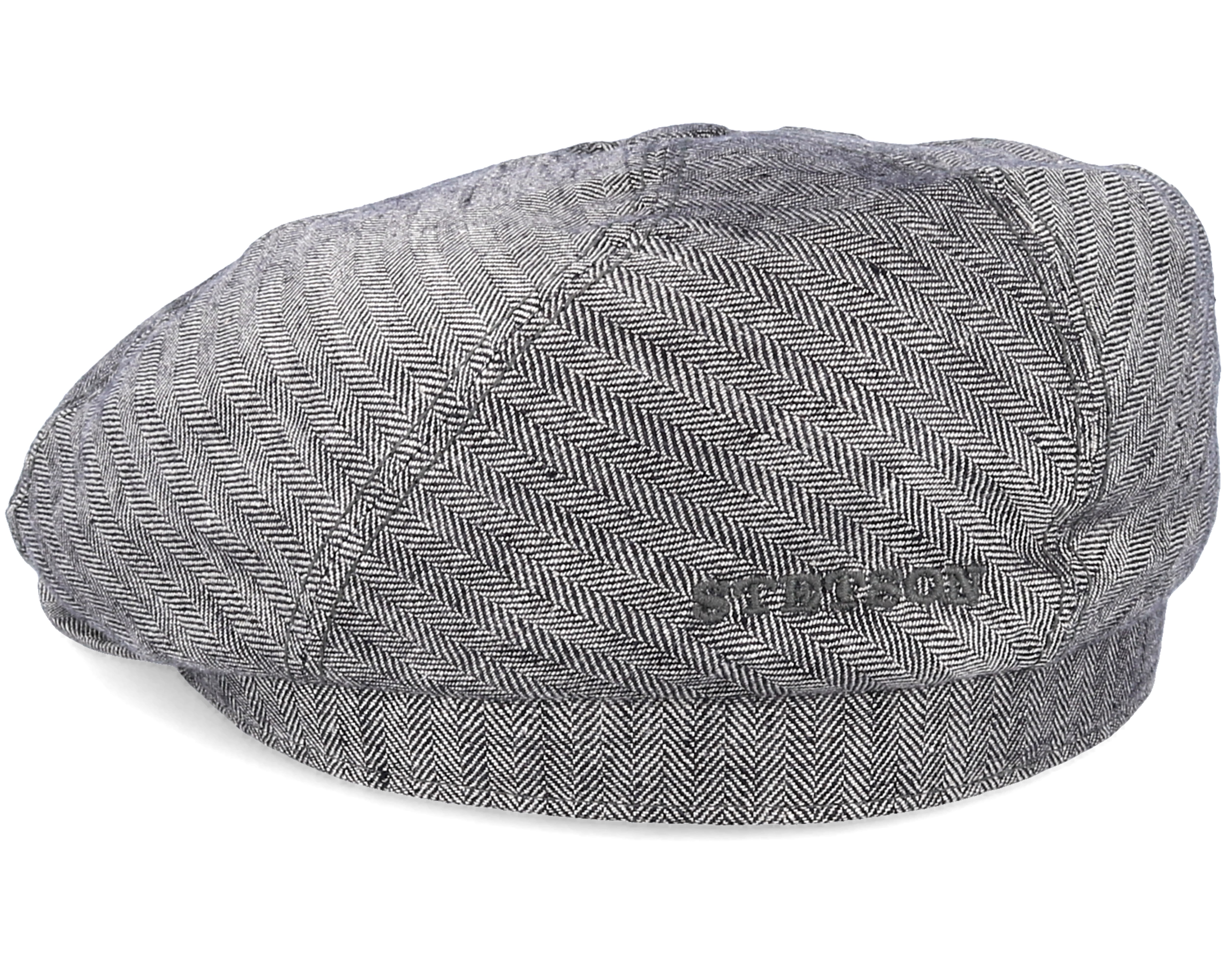 6Panel Linen Fischgrat Grey Flat Cap Stetson caps Hatstore.co.uk