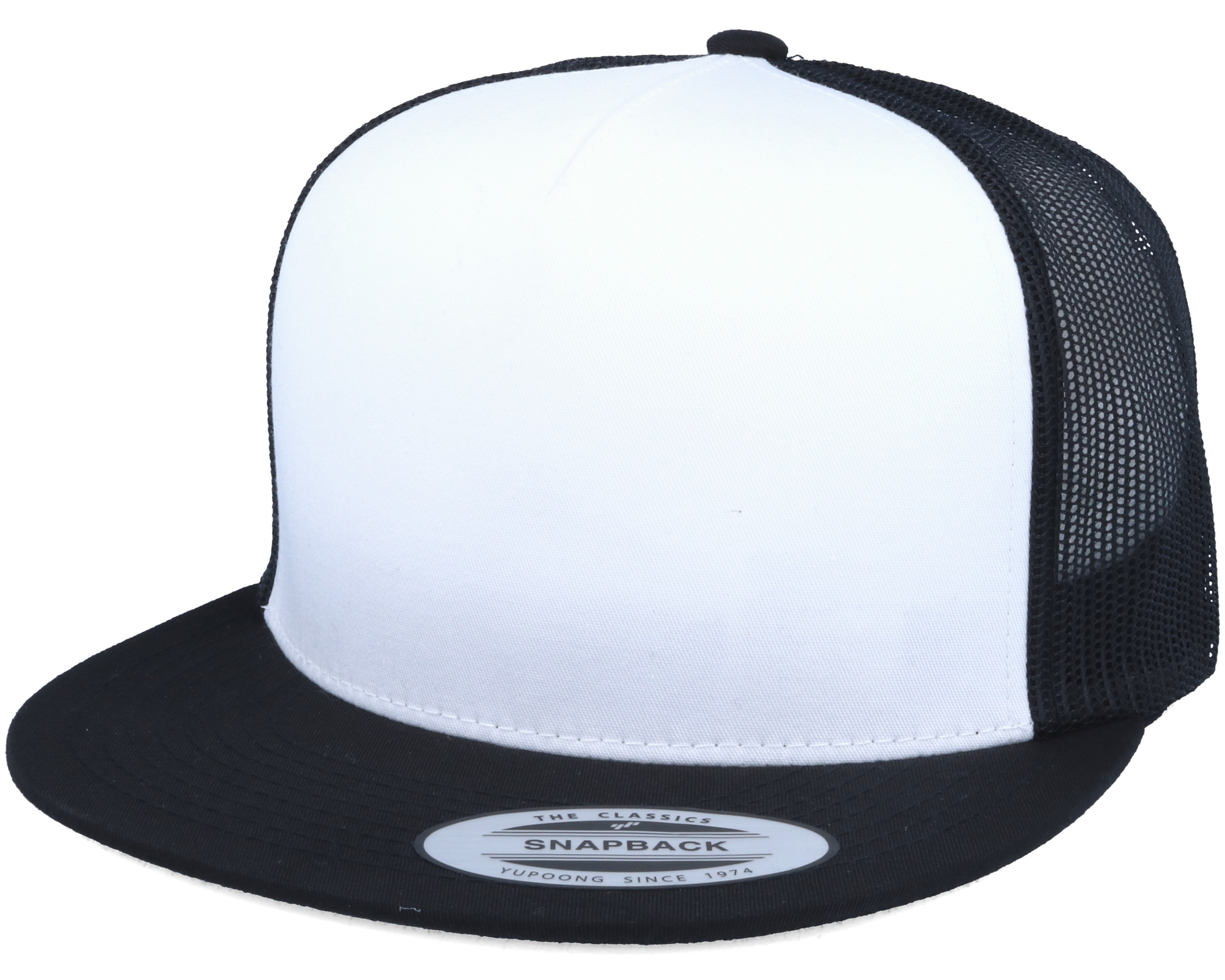 Classic Trucker White/Black Snapback Yupoong caps Hatstore.co.uk