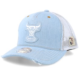 Chicago Bulls Denim Jersey Light Blue White Trucker Mitchell Ness Start Bone Hatstore
